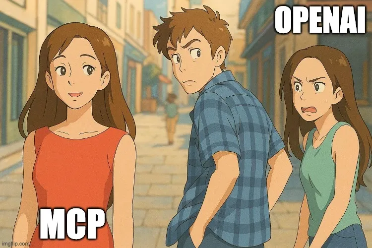 Studio Ghibli style distracted boyfriend meme, with MCP being chosen over OpenAI